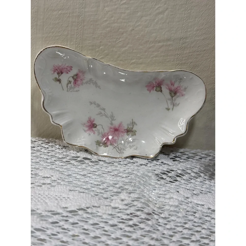 Antique Johnson Bros Royal Semi-Porcelain Crescent Bone Dish Pink Floral 6 1/4